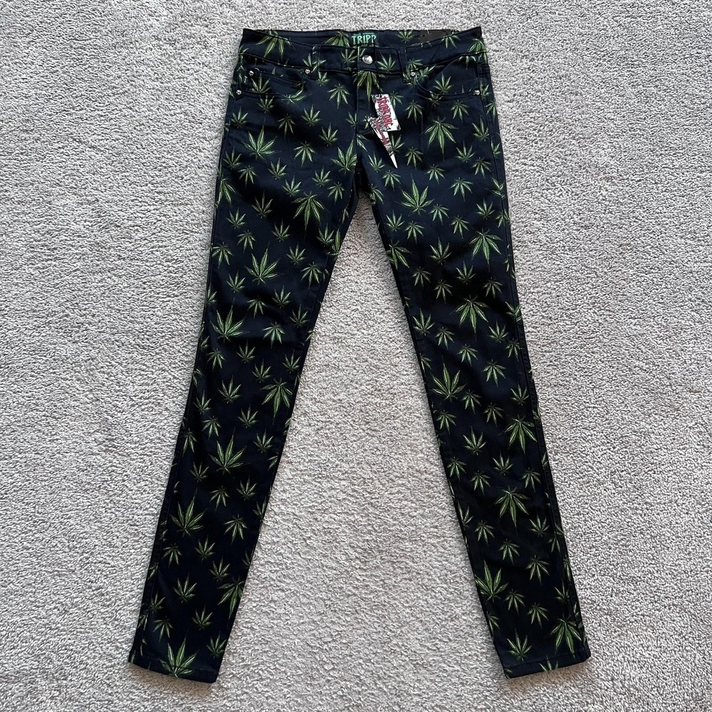 TRIPP NYC Weed Marijuana Leaf Skinny Jeans 29/9 Black Low Rise Stretch Denim